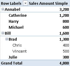 Figure 12The pivot table hides nodes for which the Sales Amount Simple measure returns a blank value.