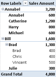 Figure 13The Sales Amount measure displays values associated with intermediate nodes, such as Annabel and Brad.