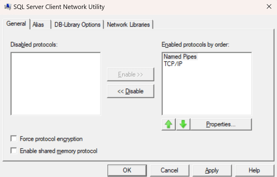 General page of SQL Server Client Network Utility