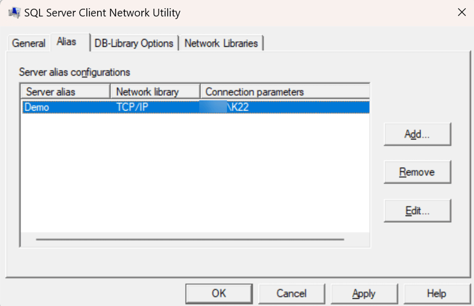 Alias page of SQL Server Client Network Utility